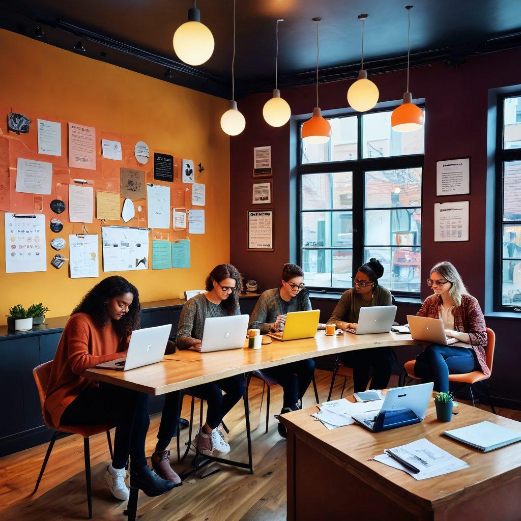 A dynamic and colorful scene depicting a diverse group of bloggers collaborating in a cozy café, surrounded by laptops, notepads, and creative tools. Include visual elements like thought bubbles illustrating ideas and vibrant charts showcasing growth. The ambience should radiate inspiration and community spirit, with warm lighting and decorative walls. super-realistic. vibrant colors. cozy atmosphere.