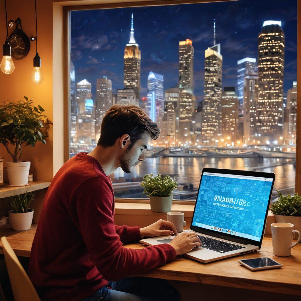 A dynamic digital landscape showcasing a person blogging on a laptop in a cozy cafe, surrounded by inspirational quotes and lifestyle imagery around them. A magical blend of microblogging elements like hashtags and social media icons float in the air, representing digital communication. The color palette is warm and inviting, suggesting creativity and passion for writing. Include elements like a steaming coffee cup and a vibrant city backdrop to enhance ambiance. vibrant colors. cozy atmosphere. 3D.