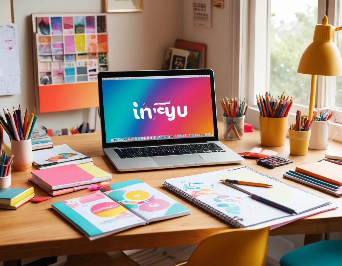 A vibrant workspace filled with creative tools like a laptop, colorful notebooks, and art supplies, all radiating energy and inspiration. Soft light illuminates a 'TinyU' logo on the desk, symbolizing online publishing success. Background features abstract designs representing creativity and innovation. The overall mood is uplifting and motivational. super-realistic. vibrant colors.